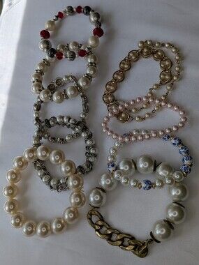 Lot of 9 Faux Pearl Statement Stretchy Bracelets Chunky Rhinestone
